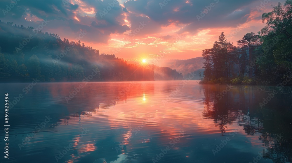 Serene lake reflecting the setting sun