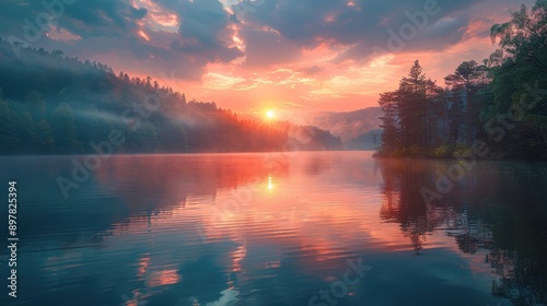 Obraz na płótnie Serene lake reflecting the setting sun w salonie
