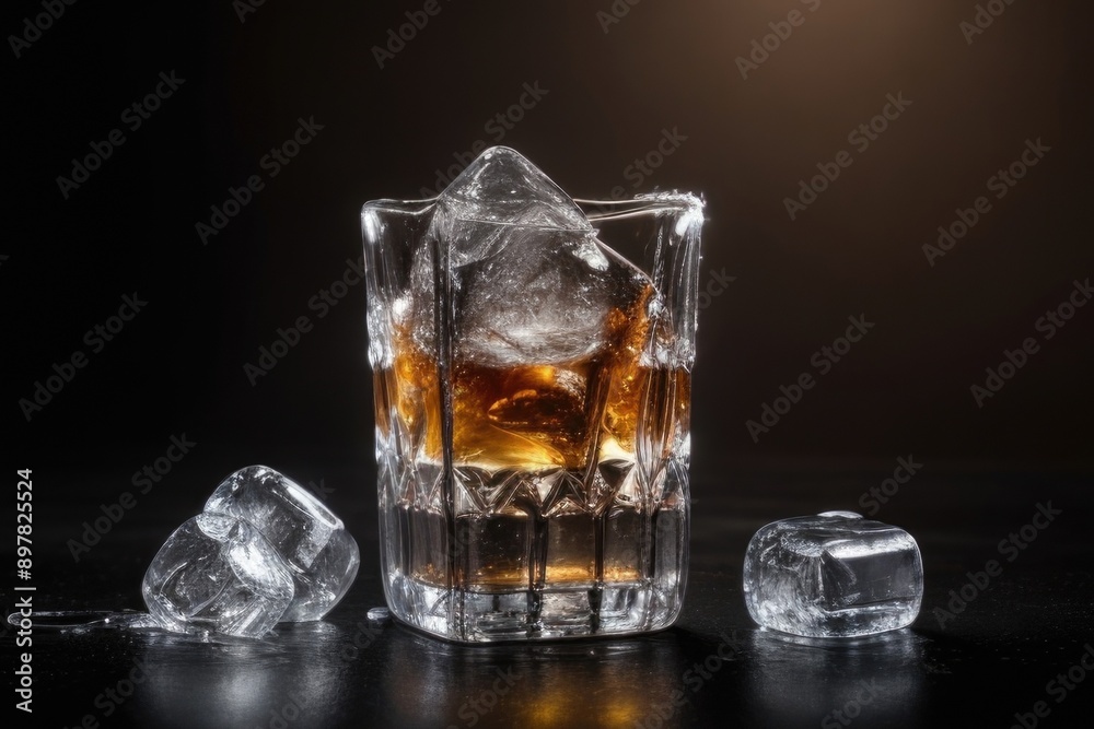 rum with ice cubes over a dark background rum with ice cubes over a dark background