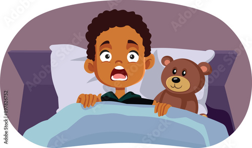 Scared Boy Having a Nightmare Vector Cartoon illustration. Fearful child having night phobia of darkness and sleeping alone 
