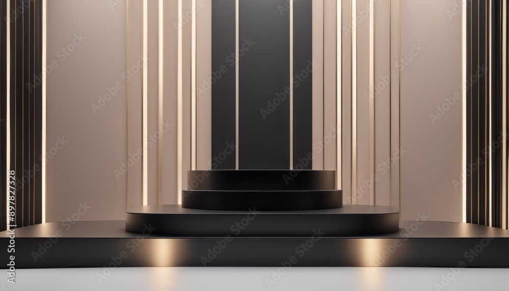 Fototapeta premium Empty black podium pedestal backdrop stage on 3d background of modern product display studio scene 