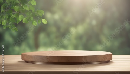 Wooden podium display product stand winner pedestal with leaf showcase product space presentation