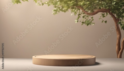 Wooden podium display product stand winner pedestal with leaf showcase product space presentation