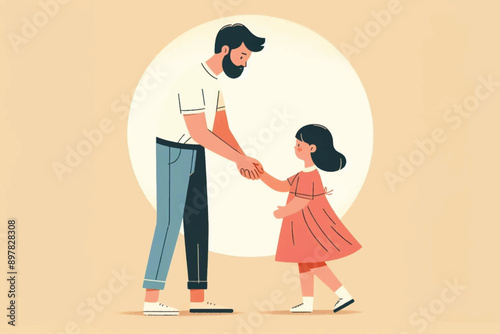 Illustration of father and daughter bonding, with father giving advice to his son