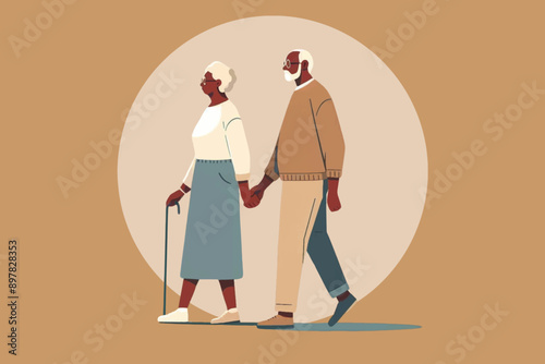 Illustration of an elderly couple holding hands, with hearts in the background, symbolizing love and companionship in old age.