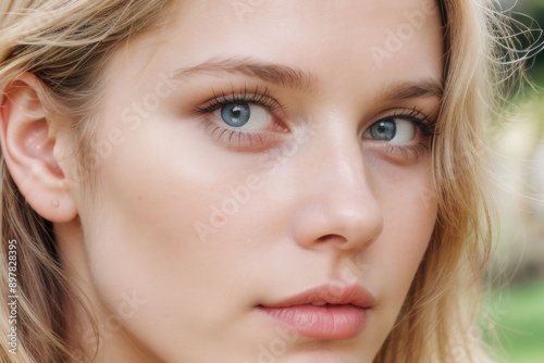 The image is a close-up portrait of a young woman's face. She has blonde hair that is styled in loose waves and falls over her shoulders. Her eyes are a piercing blue color.