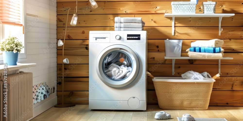 A white washing machine with clothes, placed either in the kitchen or laundry room A white washing machine with clothes, placed either in the kitchen or laundry room