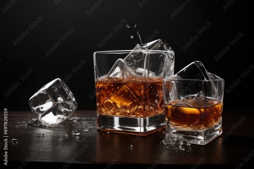whiskey with ice cubes over a black background whiskey with ice cubes over a black background