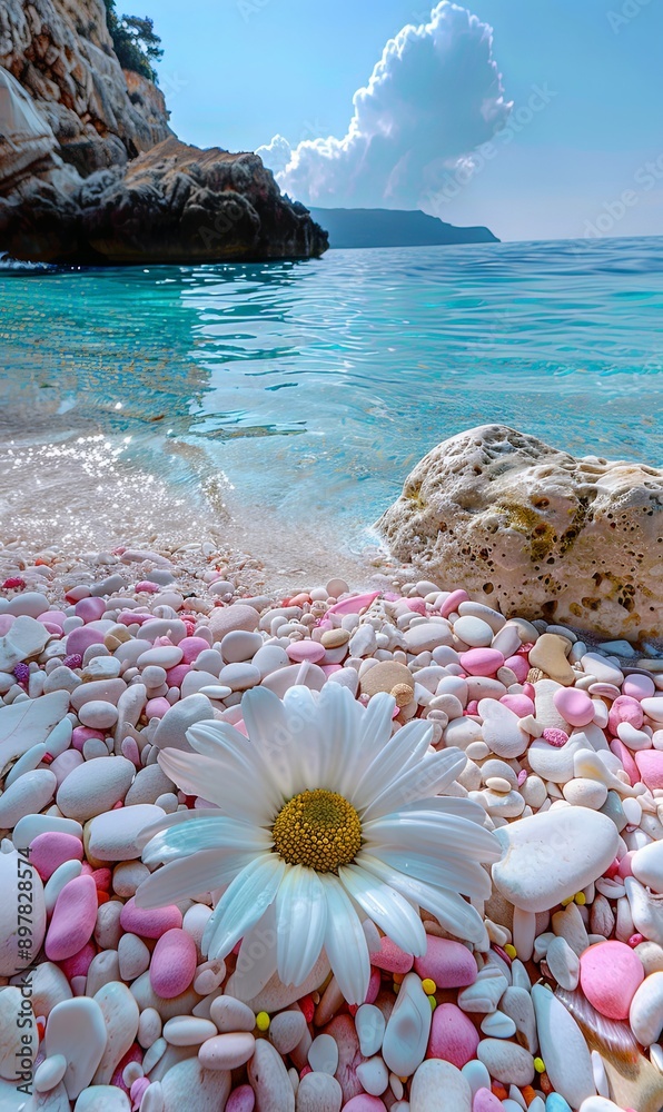 White Daisy on a Pebble Beach with Blue Water and a Cloudy Sky White Daisy on a Pebble Beach with Blue Water and a Cloudy Sky