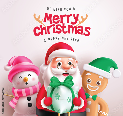Merry christmas greeting character vector design. Christmas santa claus, snowman and ginger bread characters holding xmas gift box for holiday season banner. Vector illustration greeting card design. 