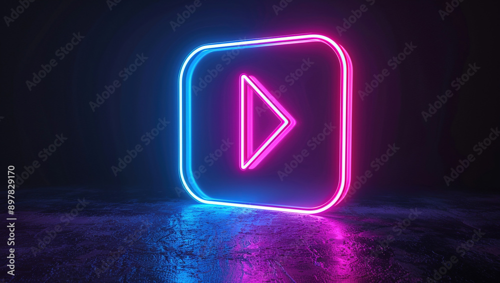 neon play button icon concept in the dark with black background Stock ...