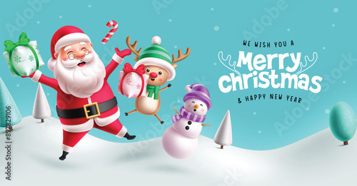 Merry christmas characters greeting vector banner design. Christmas santa claus, reindeer and snow man characters holding xmas gift elements in snow winter background. Vector illustration greeting 