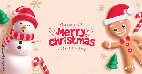 Merry christmas greeting vector design. Christmas snowman and ginger bread cookie characters with candy cane and pine tree decoration elements for greeting card. Vector illustration holiday season 