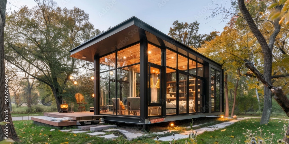 Fototapeta premium Serene Haven: A glass-enclosed forest retreat where nature’s embrace seamlessly merges with architectural elegance, offering a tranquil sanctuary amidst the beauty of the natural world.