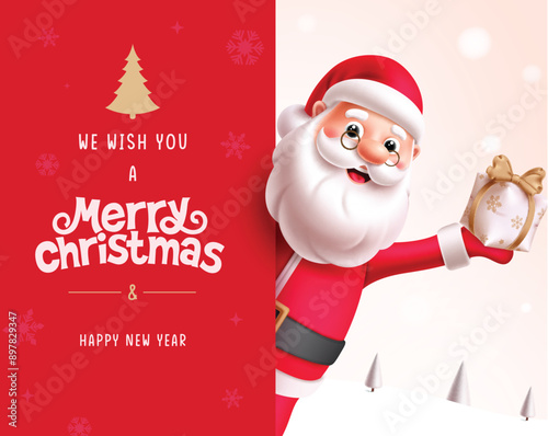 Christmas santa claus character vector template design. Merry christmas and happy new year greeting text in red board with santa claus character holding git box xmas elements. Vector illustration 