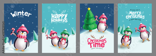 Christmas penguin characters vector poster set design. Merry christmas and happy new year greeting card with penguin character in winter background collection. Vector illustration holiday season