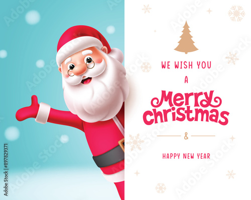 Merry christmas greeting vector template design. Christmas santa claus character with board space for greeting card holiday season template. Vector illustration new year invitation design.  

