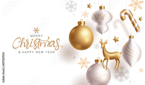 Merry christmas greeting card vector design. Christmas hanging glitter balls, candy cane, deer, ornaments and gold elements decoration in elegant white background. Vector illustration holiday season 