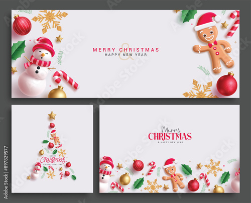 Merry christmas greeting card vector template set design. Christmas snow man and ginger bread character with xmas decoration elements in white elegant background collection. Vector illustration 