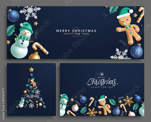 Christmas greeting card vector template design. Merry christmas and happy new year invitation card collection with snow man, ginger bread and xmas elements decoration in elegant blue background. 