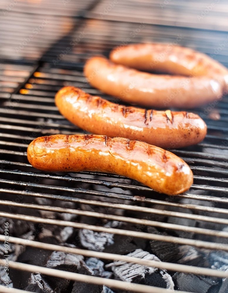Sausages on the barbecue grill with flames. Grilled sausage on the flaming grill Sausages on the barbecue grill with flames. Grilled sausage on the flaming grill