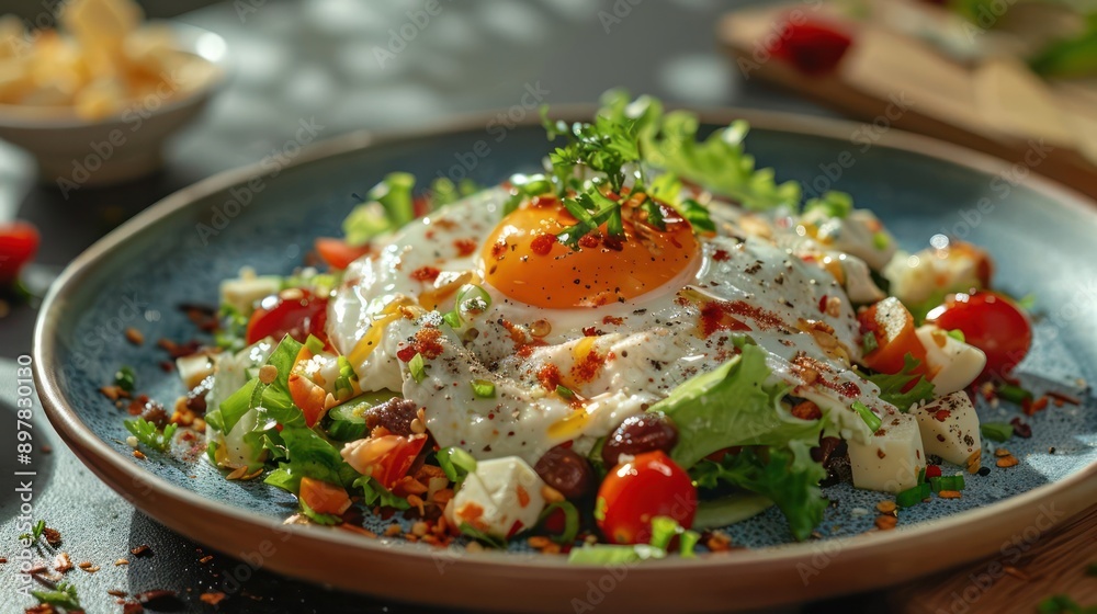 a plate of food with a fried egg on top a plate of food with a fried egg on top