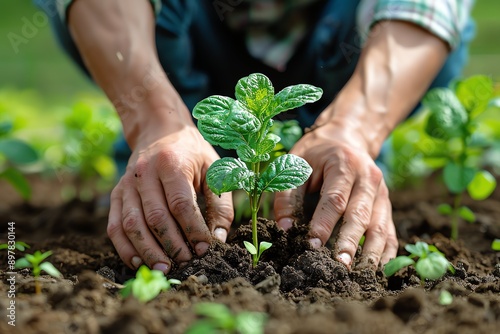 Hands holding or planting a seedling plant in soil. Plants for save earth or world environment day