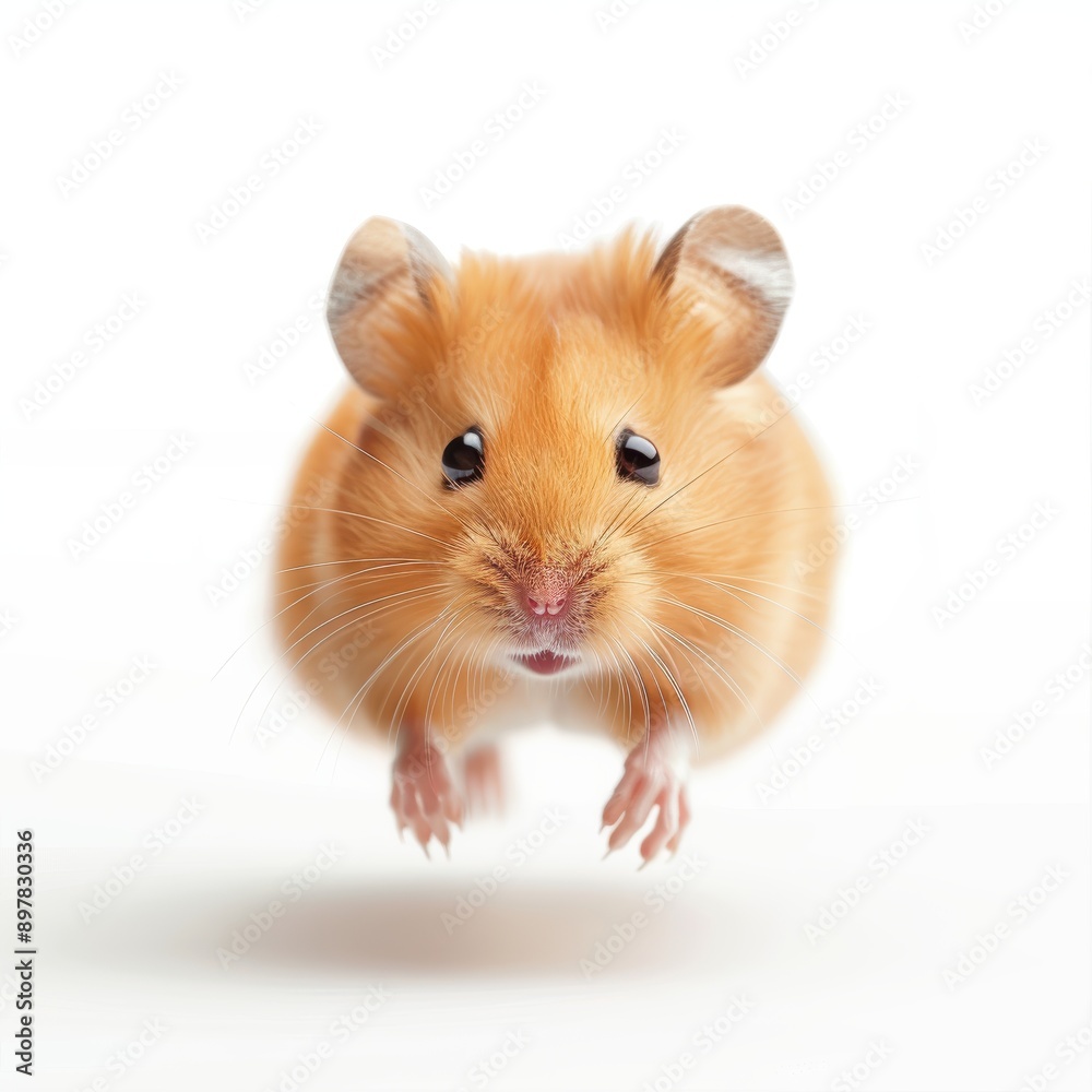 An adorable golden hamster jumping joyfully in the air with a pure white background, showcasing its playful nature. An adorable golden hamster jumping joyfully in the air with a pure white background, showcasing its playful nature.