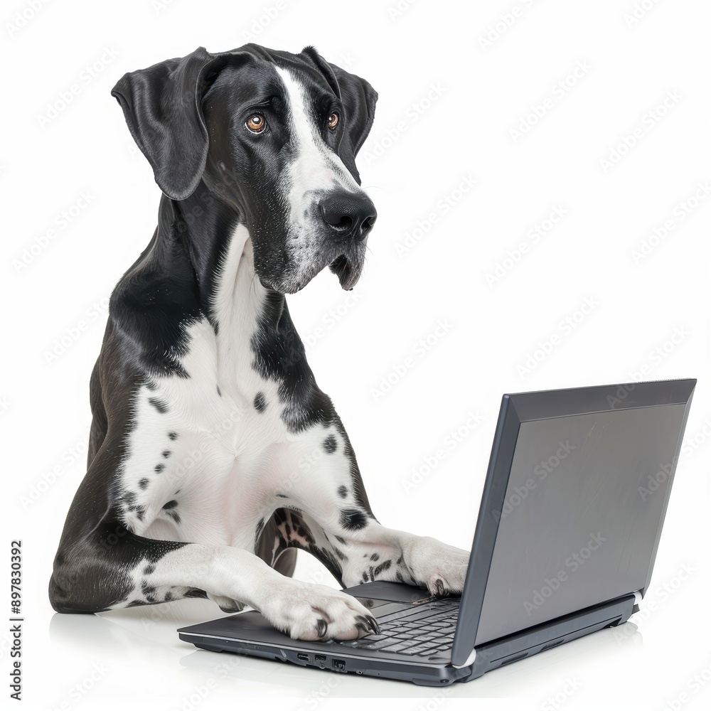 A great dane dog curiously sitting in front of a laptop, embodying the charm and intelligence of pets in a digital world. A great dane dog curiously sitting in front of a laptop, embodying the charm and intelligence of pets in a digital world.