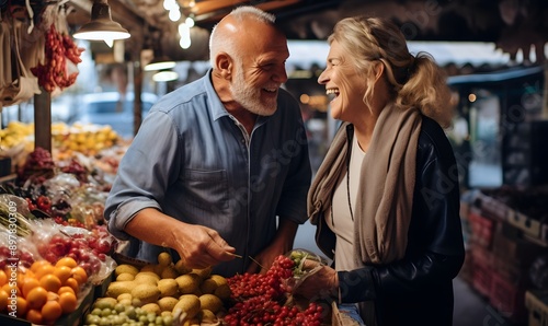 Happy senior couple tasting fruit at a market stall © sangmyeong