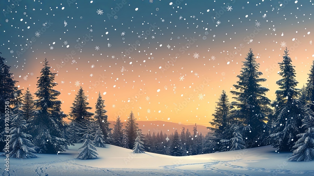Fototapeta premium Winter Wonderland with Snowy Fir Trees and Sunset Sky