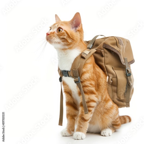 A curious orange cat wearing a brown backpack, ready for an adventure or a trip. Perfect for pet travel themes.