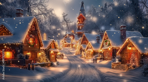 The winter christmas village is a beautiful sight. The snow is falling gently and the lights are shining brightly. The houses are covered in sparkling white, and the streets are lined with trees. photo