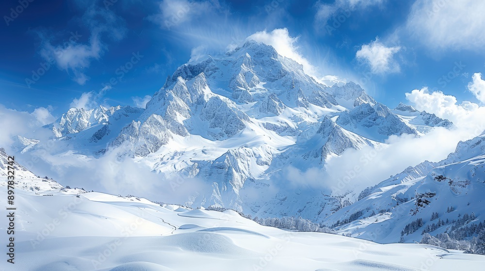 Snow-capped mountains under a blue sky
