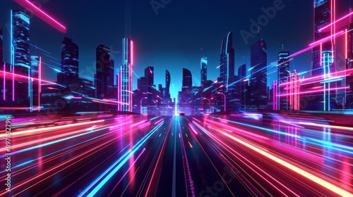 Neon Cityscape with Speeding Lights