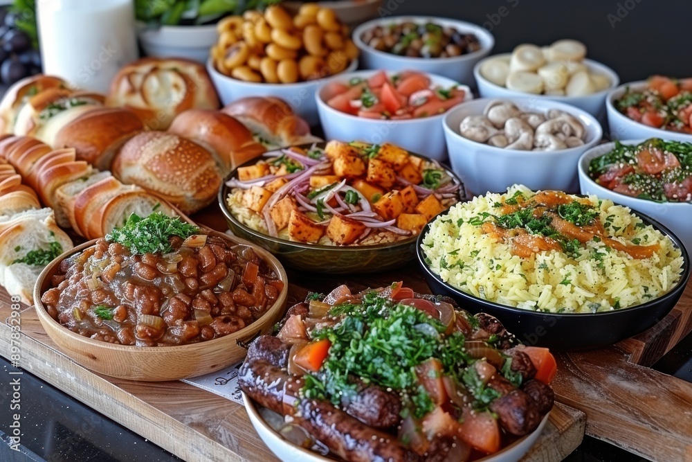 a traditional South African breakfast with boerewors, pap (cornmeal porridge), and chakalaka (spicy vegetable relish). Outdoor setting with bright daylight. 
