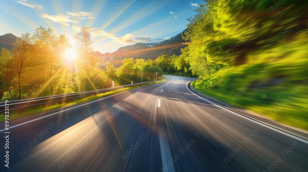 Naklejka premium dynamic movement of a road through a lush forest with sun rays generative ai