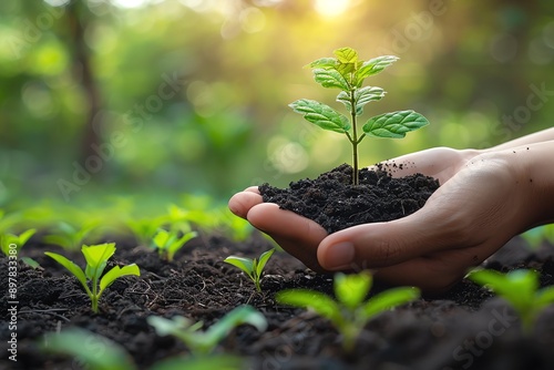 Hands holding or planting a seedling plant in soil. Plants for save earth or world environment day