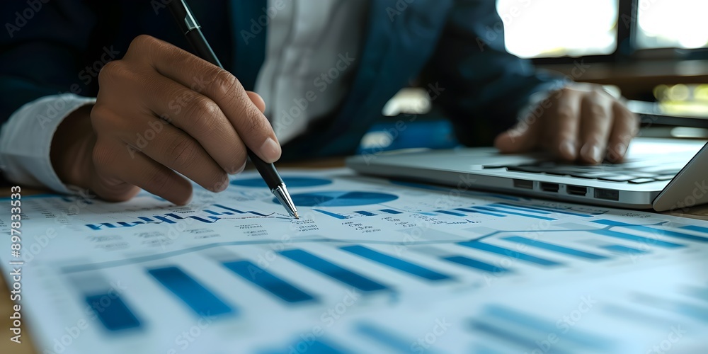 Hands of man, laptop, Graph paper, Stock market data, financial stocks, binary code Hands of man, laptop, Graph paper, Stock market data, financial stocks, binary code