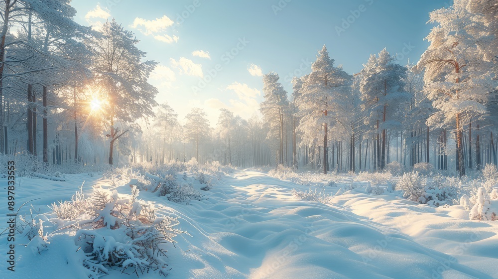 Snow-covered forest under a clear sky
