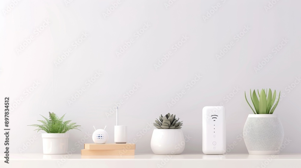 A white phone sits on a table with a keyboard and a plant A white phone sits on a table with a keyboard and a plant