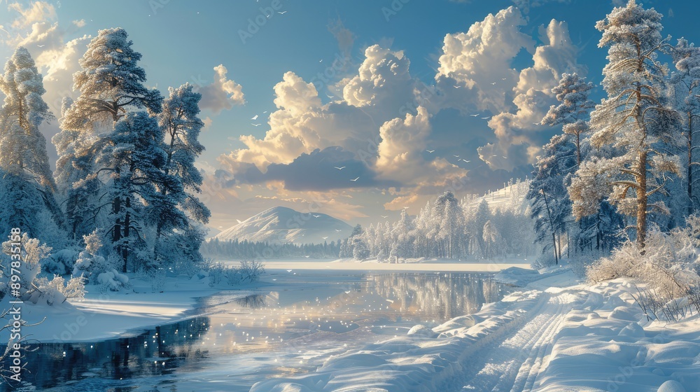 Snowy landscape with a frozen lake
