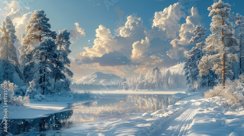Obraz na płótnie Snowy landscape with a frozen lake w salonie
