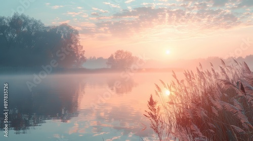 Soft blurred lake at sunrise