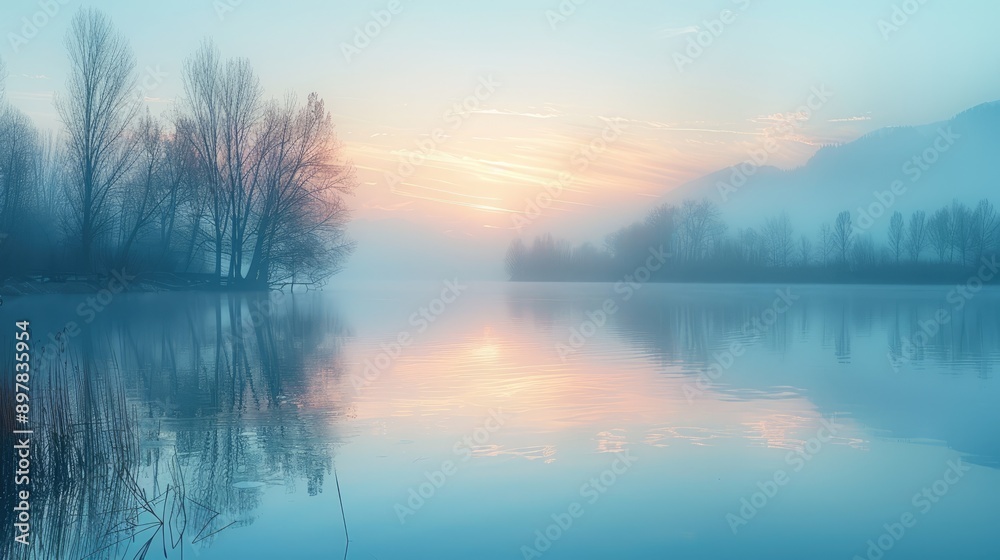 Soft blurred lake at sunrise