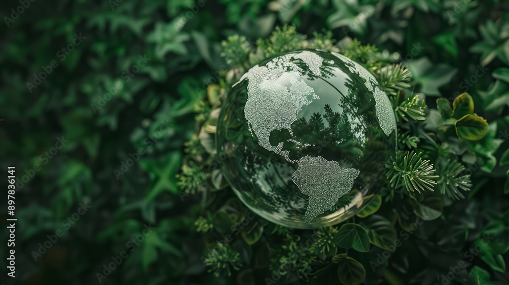 Glass globe encircled by verdant forest flora, symbolizing nature, environment, sustainability, ESG, and climate change awareness Glass globe encircled by verdant forest flora, symbolizing nature, environment, sustainability, ESG, and climate change awareness
