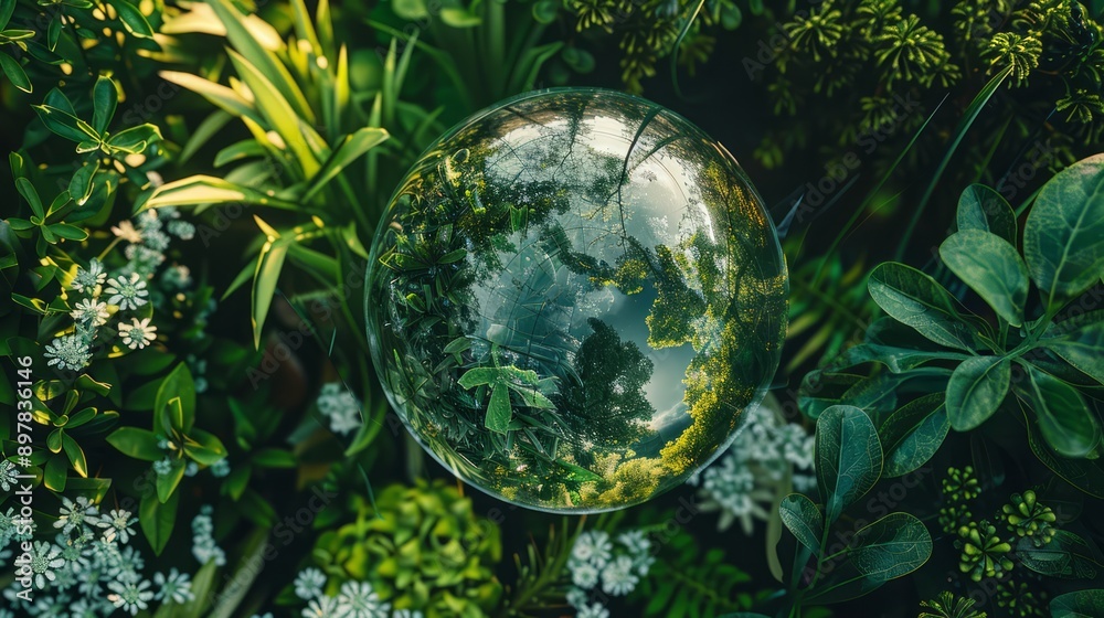 Glass globe encircled by verdant forest flora, symbolizing nature, environment, sustainability, ESG, and climate change awareness Glass globe encircled by verdant forest flora, symbolizing nature, environment, sustainability, ESG, and climate change awareness