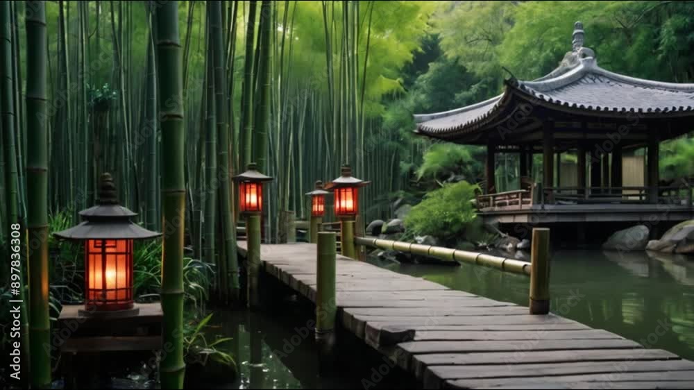 A secluded shrine in a bamboo forest, with lanterns lighting the path and a serene pond nearby A secluded shrine in a bamboo forest, with lanterns lighting the path and a serene pond nearby