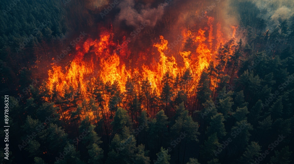 Wildfire engulfing dense forest, aerial view. Natural disaster and environmental impact concept Wildfire engulfing dense forest, aerial view. Natural disaster and environmental impact concept