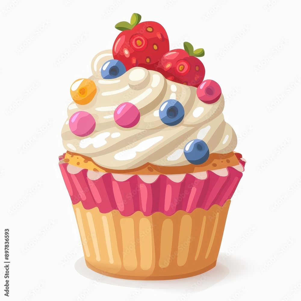 Charming cupcake with bright, colorful icing and fun toppings, Single Object on white background Charming cupcake with bright, colorful icing and fun toppings, Single Object on white background